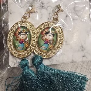 Gold Frida Kahlo Portrait Tassel Earrings in Teal